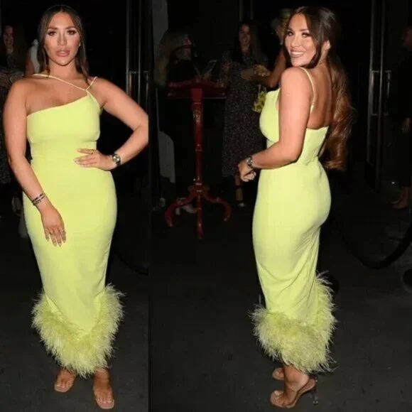 HOUSE OF CB Alessia Asymmetric Feather Trim Midi Dress in Lime Size X-Small - Picture 2 of 16